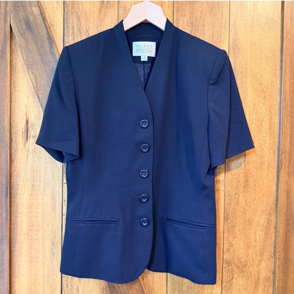 Valerie Stevens Short Sleeve Blazer Women's Size 6 Black Button Front Jacket
